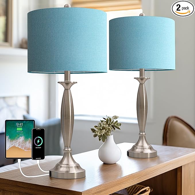 Oneach 27" Modern Table Lamps Set of 2 for Living Room Bedroom with USB A+C Charging Port,Brushed Steel Bedside Lamps for Night Stands,Fabric Drum Shade Nightstand Lamp Light for End Tables Home