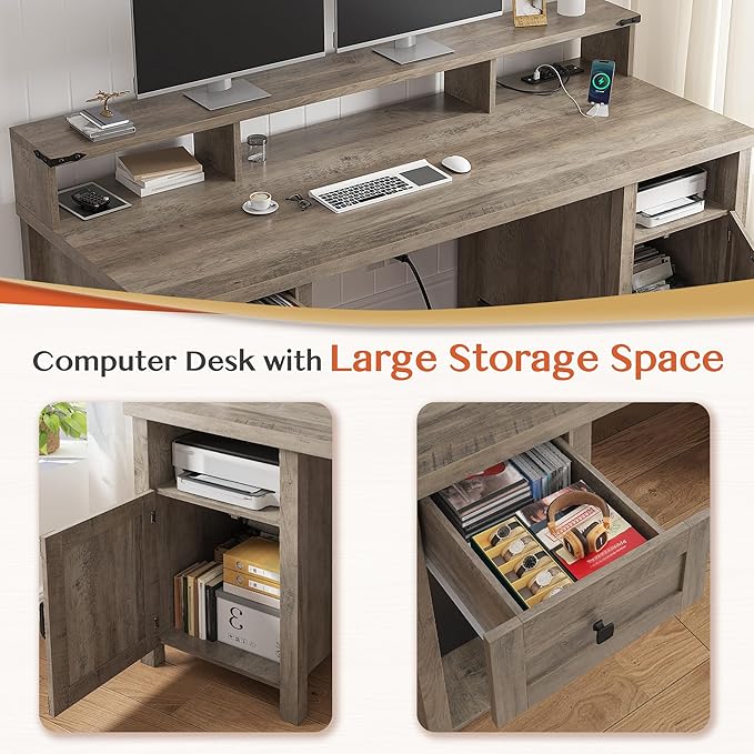 EnHomee Computer Desk with Drawers,23" D Home Office Desk with Storage,Wooden Desk with Monitor Stand,Farmhouse Desk with Printer Space and Power Outlets for Studio,Work, Study,Writing&Gaming