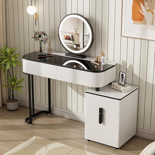 Small Vanity Desk with Mirror and Lights| Modern Makeup Vanity Table with Adjustable Nightstand and 4 Storage Drawers| Black and White Dressing Table for Bedroom Space