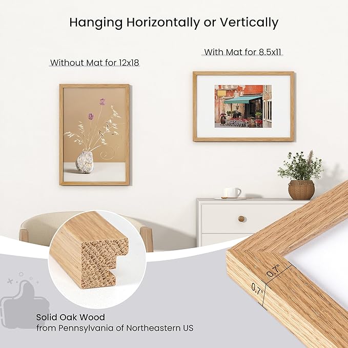 Axeman 12x18 Poster Frame | Solid Oak Wood 12 x 18 Picture Frame With Mat for 8.5x11 | 18''x12'' Wood Frame | Tempered Glass and Hanging Hardware Included Home Wall Decor Hanging Frame | Natural