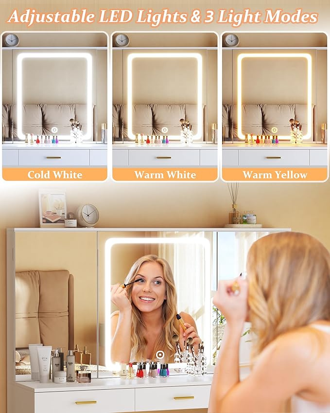 Makeup Vanity Desk with Lights, 47.2" Vanity Desk with 11 Storage Drawers and Hidden Storage Shelves, White Vanity with Charging Stations & 3 LED Lighting Modes Adjustable, for Bedroom