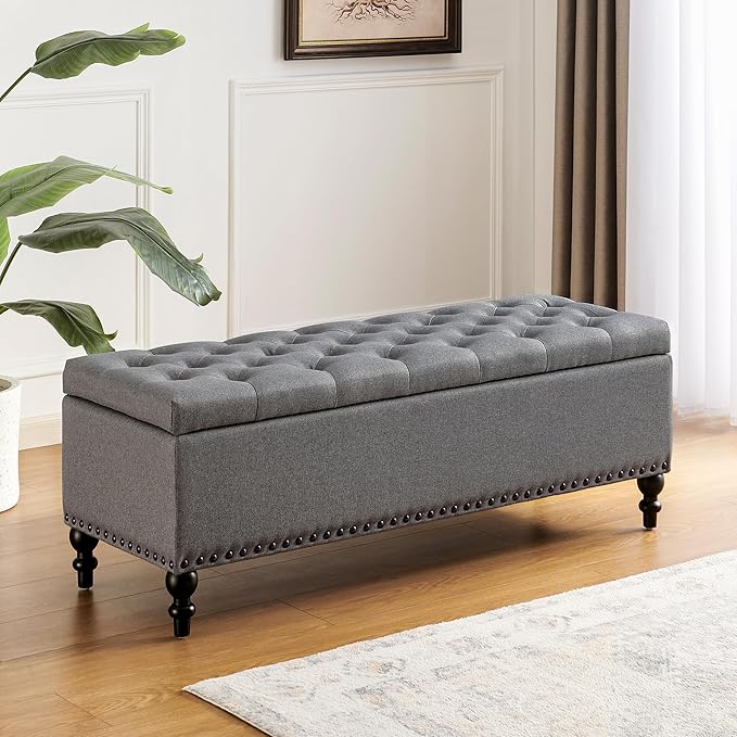 Storage Ottoman 50.2 Inches Upholstered Fabric Storage Ottoman Bench，Button Tufted Ottoman with Storage for Living Room，Bedroom End of Bed Bench Withstands 304lbs