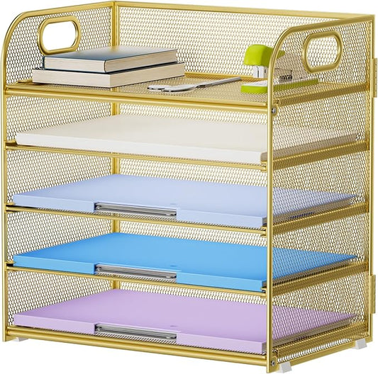 Marbrasse Paper Organizer Letter Tray, 5 Tier Mesh File Organizer with Handle, Paper Sorter Desk Organizer for Home Office Supplies - Gold