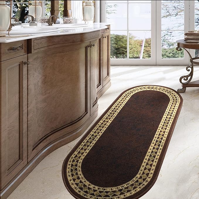 Antep Rugs Alfombras Modern Bordered 2x5 Non-Skid (Non-Slip) Low Profile Pile Rubber Backing Kitchen Area Rugs (Brown Beige, 2' x 5' Oval)