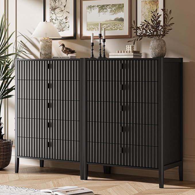 Black 5 Drawer Dresser, Fluted Wood Chest of Drawers for Bedroom, Modern Dresser with Deep Drawers for Clothes, 32 Inch Tall Nightstand for Bedroom, Living Rooms, Offices, and Entryways