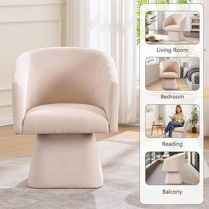 Swivel Modern Accent Chair,Luxury Fabric Upholstered Makeup Chair Comfy Barrel Chair with No Wheels,360°Rotating Vanity Armchair for Living Room Bedroom Office (White,Set of 2)