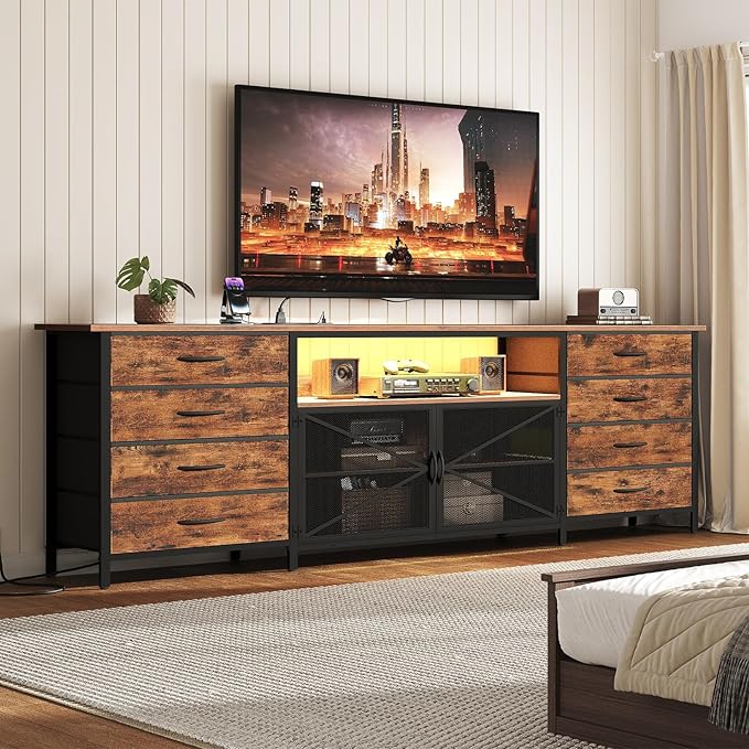 71" TV Stand Dresser for 85/80/75 Inch TV with Power Outlets and LED Lights, Long Dresser with 8 Fabric Drawers, Large Entertainment Center TV Console with Mesh Door for Bedroom, Rustic Brown