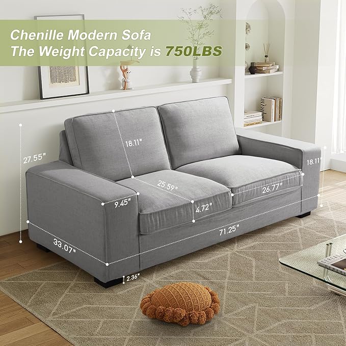EASELAND 71.25" Loveseat Sofa Couch for Living Room, Chenille Modern Sofa Couch, Deep-Seated Sofa with Solid Wood, Metal and Removable Cover Easy to Install (2 Seats, Grey)