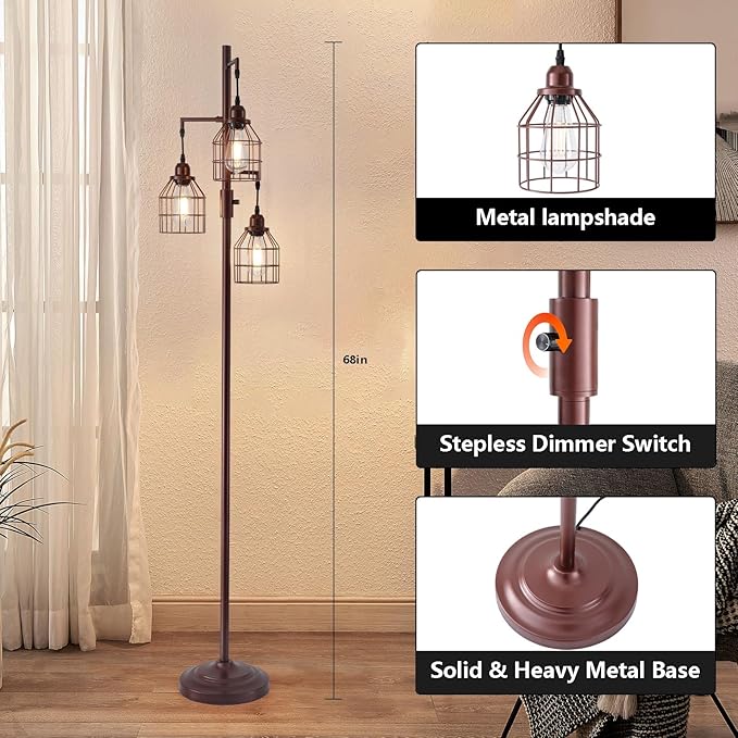 9MMML Floor Lamp for Living Room, Farmhouse Industrial Dimmable Floor lamp, 3 Lights Metal Cage Tree Standing Lamp,68", 3Pcs LED Bulbs Included