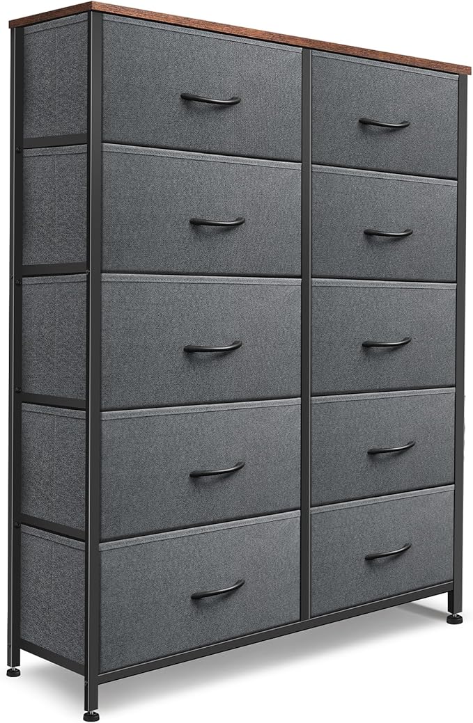 Dresser for Bedroom with 10 Drawers, Chest of Drawers, Storage Drawers Organizer Unit, Grey Wide Fabric Dresser with Fabric Bins for Closet, Living Room, Entryway (Grey and Rustic Brown)