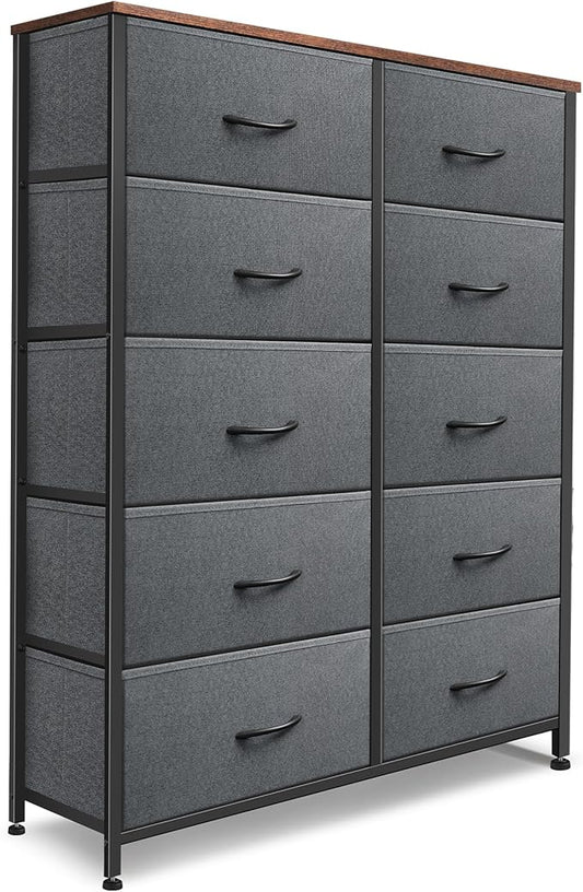 Dresser for Bedroom with 10 Drawers, Chest of Drawers, Storage Drawers Organizer Unit, Grey Wide Fabric Dresser with Fabric Bins for Closet, Living Room, Entryway (Grey and Rustic Brown)