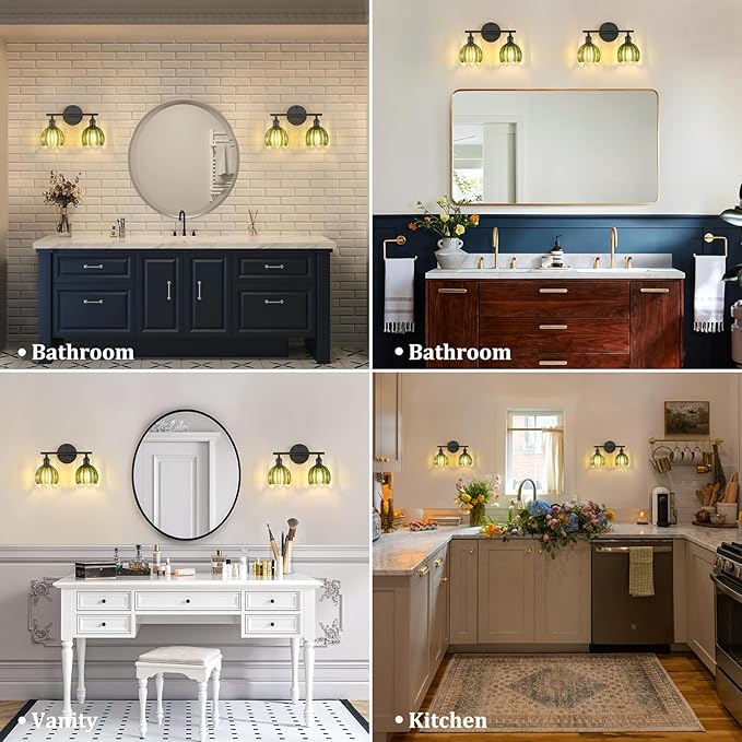 Bathroom Light Fixtures, 2-Light Black Vanity Wall Light Over Mirror with Green Tulip Glass Shade for Bedroom Living Room