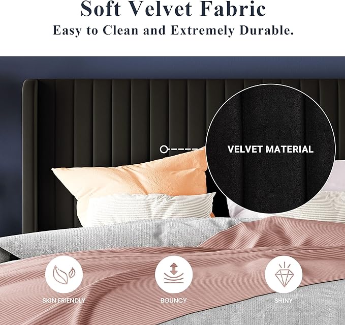Allewie King Size Velvet Bed Frame/Vertical Channel Tufted Wingback Headboard/Upholstered Platform Bed/Strong Wooden Slats/No Box Spring Needed/Easy Assembly/Black