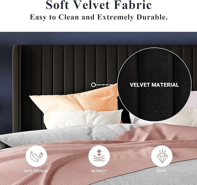 Allewie Queen Size Velvet Bed Frame/Vertical Channel Tufted Wingback Headboard/Upholstered Platform Bed/Strong Wooden Slats/No Box Spring Needed/Easy Assembly/Black