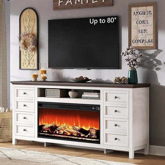 AMERLIFE 70" Farmhouse TV Stand with 37" Fireplace for 80" TVs - Dresser TV Stand w/Heater, 4 Storage Drawers, Rustic Media Entertainment Center for Living Room, Bedroom, White