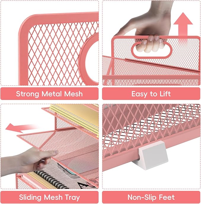 SUPEASY 5-Tier Desk File Organizer, Metal Letter Paper Tray, Desk Organizers and Accessories for Home Office Supplies, Pink