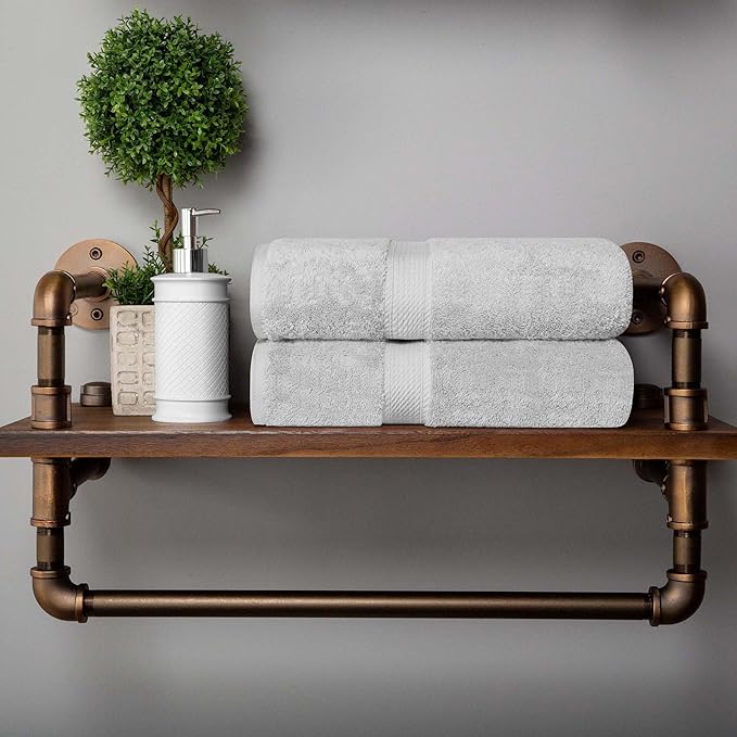 Superior Egyptian Cotton Pile Bath Towel Set of 2, Ultra Soft Luxury Towels, Thick Plush Essentials, Absorbent Heavyweight, Guest Bath, Hotel, Spa, Home Bathroom, Shower Basics, Silver