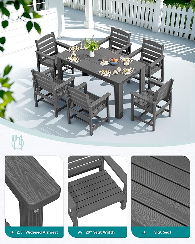 SERWALL Patio Dining Set for 4, Outdoor Dining Sets for 4 Person with 1 Umbrella Hole Cut-Out Rectangular Table and 6 Chairs, HDPE Dining Sets for Garden, Backyard, Poolside, Gray