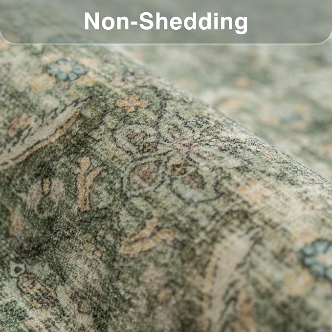 FMFUNCTEX 6x9 Washable Area Rug Green Vintage Neutral Distressed Large Non Slip Carpet for Living Room Bedroom Soft Low Pile Indoor Mat Retro Throw Rug for Dining Room Kitchen Office Nursery