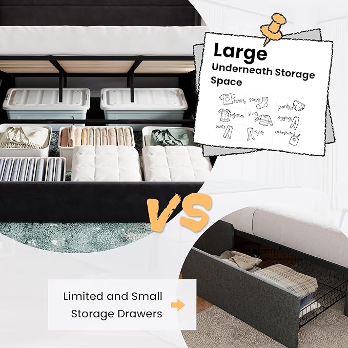SHA CERLIN King Size Lift Up Storage Bed/Velvet Upholstered/Modern Wingback Headboard/Upholstered Platform Bed Frame/Hydraulic Storage/No Box Spring Needed/Black