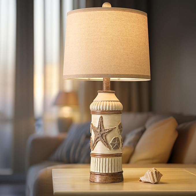 OYEARS 24" Table Lamps Set of 2,Boho Table Lamps for Living Room,Bedside Lamp for Nightstands,Coastal Nautical Lamp with Starfish Conch Pattern for Decor, End Table, Vintage Retro Beach, Off White