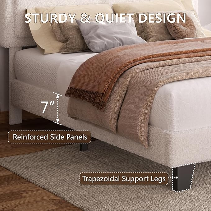 Queen Size Bed Frame, Upholstered Platform Bed Frame with Adjustable Headboard, Soft Boucle Fabric, Modern Style, No Box Spring Required, Easy Assembly, Off-White