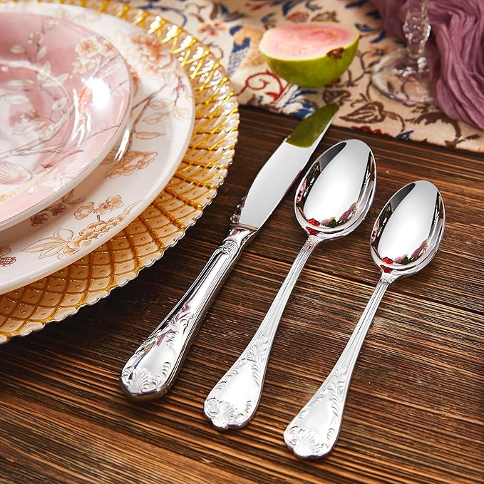 KEAWELL Premium  Regalia 20-Piece 18/10  Stainless Steel Flatware Set – European Classical Luxury Silverware Set, Dishwasher Safe for Everyday Meals and Formal Entertaining (20, Silver)