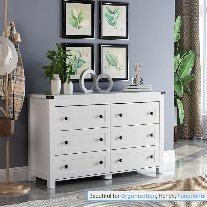 White Dresser for Bedroom with 6 Drawers, Modern Chest of Drawers, Wood Rustic Wide Storage Drawers Dressers Organizer for Closet, Living Room, Hallway