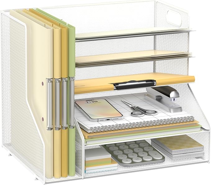 SUPEASY Desk Organizer with File Holder, 5-Tier Mesh Paper Letter Tray with Magazine Holder, Desktop Organizer and Storage for Desk Accessories Office Supplies, White