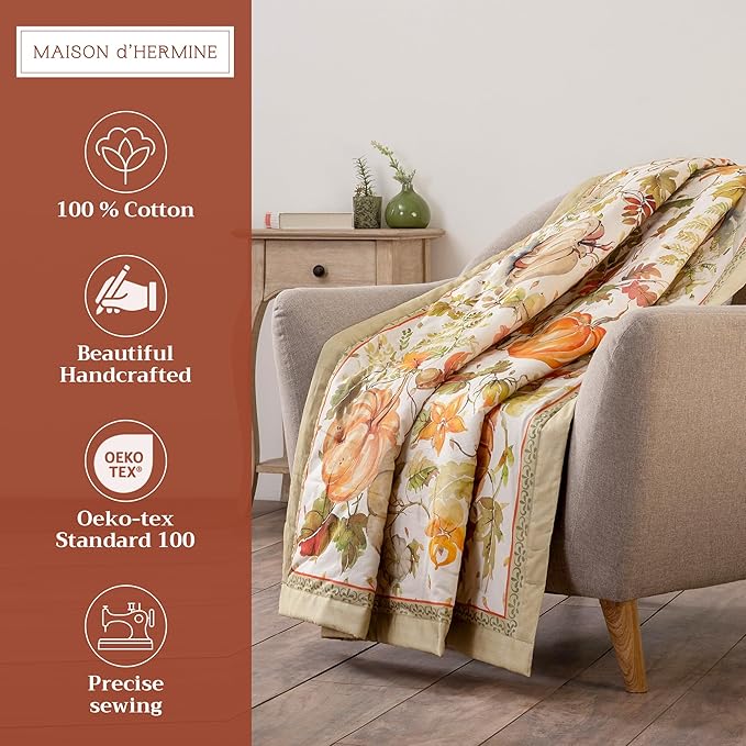 Maison d' Hermine Throw Blanket for Couch Lightweight Soft Warm Breathable Cotton Throw Blankets for Bed Girls Boys Women Men Gifts Sofa Travel Living Room Chair Bedding (50"x60", Pumpkin Passion)