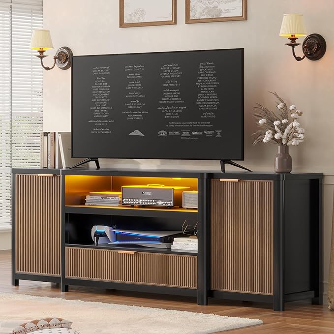 AOGLLATI Fluted TV Stand for Living Room, 71” Heavy-Duty TV Console Cabinet with Storage and Shelf, Mid Century Modern Television Stands with Drawers for 60/65/70/75/80 TV, Black