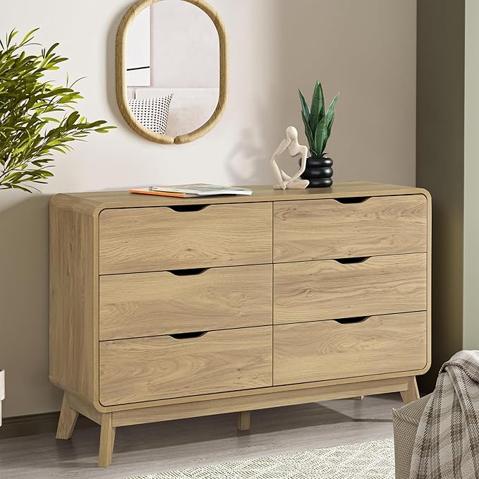 Meadow 6 Drawer Dresser for Bedroom, 47.2″ W Modern Wide Chest of Drawers, Wood Storage Organizer for Clothes, Entryway, Hallway, Nursery or Living Room, Oak
