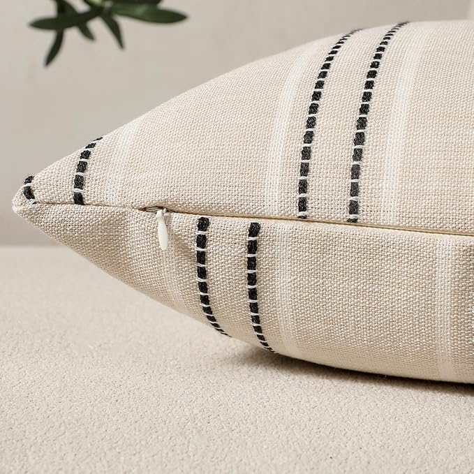 Hckot Throw Pillow Covers 16x16 Set of 2 Striped Pillow Covers Textured Linen Decorative Pillows Square Cushion Covers for Sofa Couch Bed Living Room Farmhouse Decor, Black