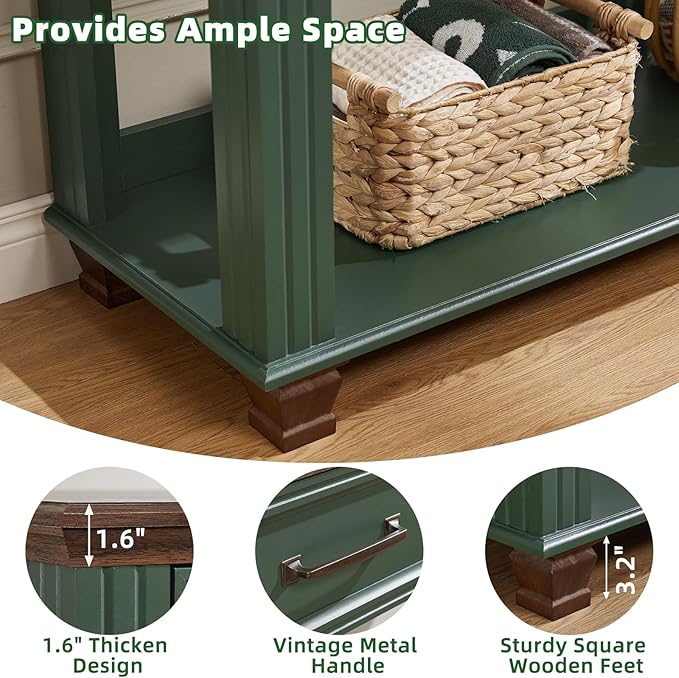 Farmhouse 46" Console Table with 2 Drawers, Rustic Wood 2 Tier Entryway Table with Open Storage Shelf for Entry, Large Mid-Century Vintage Sofa Tables Behind Couch for Living Room, Green
