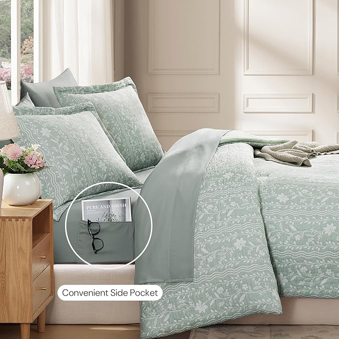 Queen Comforter Set -7 Pieces Green Floral Comforter Set for All Seasons, Bed in a Bag Queen with Botanical Flowers Comforter, Sheets, Pillowcases & Shams