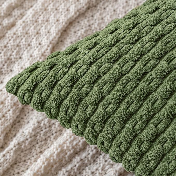 MIULEE Throw Pillow Covers Soft Corduroy Decorative Set of 2 Boho Striped Pillow Covers Pillowcases Farmhouse Home Decor for Couch Bed Sofa Living Room Spring 20x20 Inch Moss Green