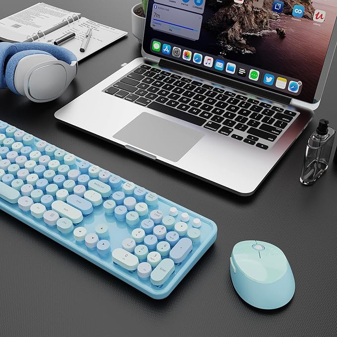 Wireless Keyboard and Mouse Combo, Ergonomic Full Size Typewriter Retro Round Keycaps Keyboard, Compatible with Windows, PC, Perfer for Home and Office Keyboards (Blue