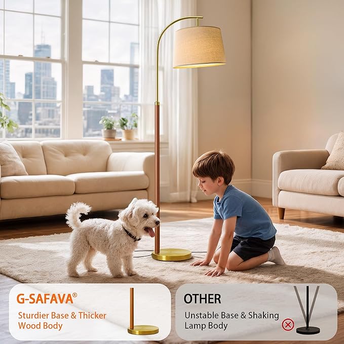 62.5" Wood Floor Lamp for Living Room Gold with Foot Switch Arc Standing Tall Lamps for Bedroom Mid Century Modern Corner Floor Lamps for Office Nursery Industrial Reading Light Room Lamp