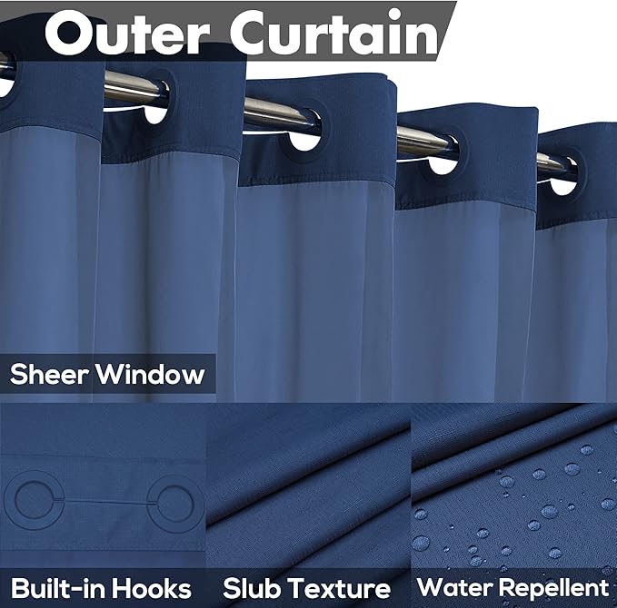 Long No Hook Slub Textured Shower Curtain with Snap-in PEVA Liner Set - 71" x 80"(78"), Hotel Style with See Through Top Window, Navy Blue Fabric Curtain & Waterproof Liner, Navy Blue, 71x80