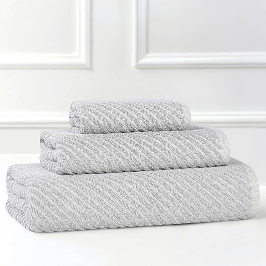 Superior Amelia Viscose Cotton Blend Medium Weight Towels, for Bathroom, Shower, Spa, Plush, Quick Dry, Ultra-Soft Towels, Bath Essentials, Ribbed Design, 3 Piece Assorted Towel Set, Platinum