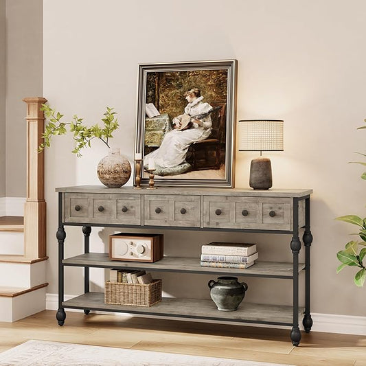 GarveeHome 52" Console Table, Entryway Table with 3 Storage Drawers, 3 Tier Industrial Metal Sofa Table, Behind Couch Table, Hallway Table for Entry, Living Room-Grey