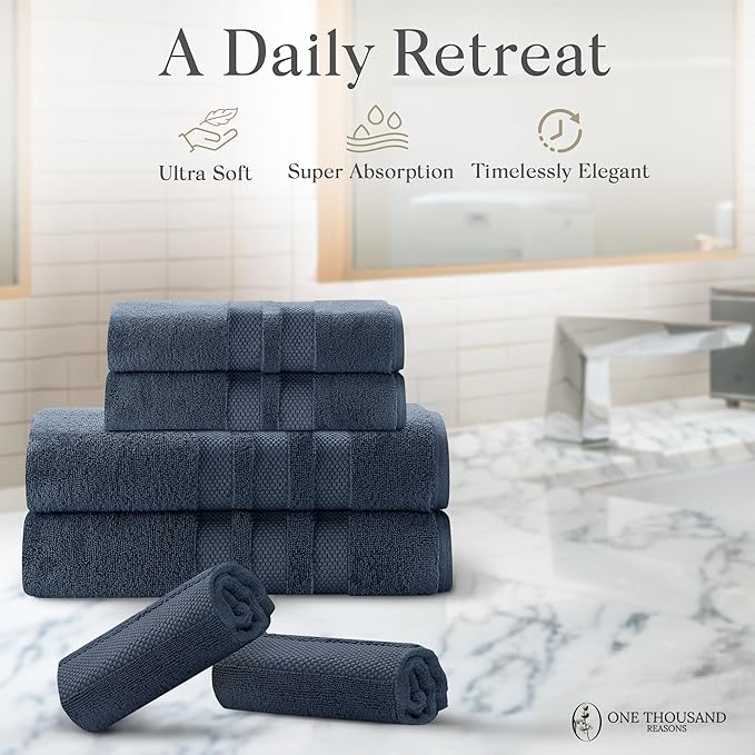 Zero Twist Bathroom Towel Set - Luxury Bath Towel Sets for Bathroom, Hands, and Washcloths - Quick Dry and Absorbent - 6 Pieces, 3 Stripe, Midnight