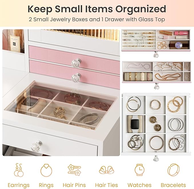 Makeup Vanity Desk with Mirror and Lights & Large LED Cabinet, Vanity Table with 2 Jewelry Boxes, 6 Drawers, and Built-in Shelves, Dressing Table with Power Outlets for Women Girls Bedroom, White