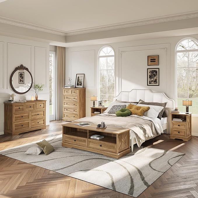 Farmhouse 7 Drawers Dresser for Bedroom with Charging Station, Rustic 7 Chest of Drawers, Wood Dressers for Closet, Modern Storage Organizer Cabinet for Living Room,Hallway & Entryway, Natural Oak