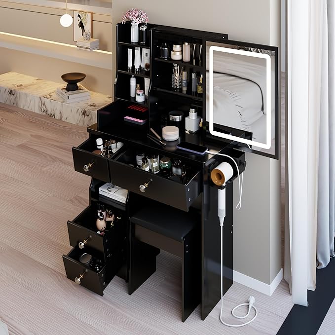 29.2" Small Vanity Desk with Mirror and Lights, Makeup Table with 2 AC+2 USB Power Station, Hair Dryer Bracket, Vanity Set with 5 Drawers and Stool for Small Space Bedroom, Black