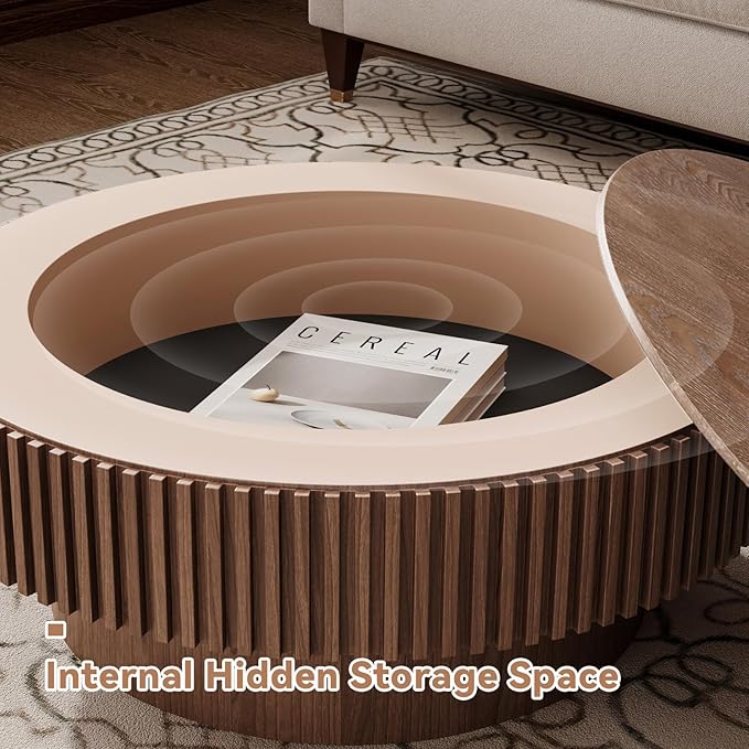 Round Coffee Table for Living Room, Accent Fluted Drum Coffee Table with Storage, Modern Solid Wood Veneered Circle Center Tea Table for Small Space Apartment (31.5''D×14''H-Walnut)