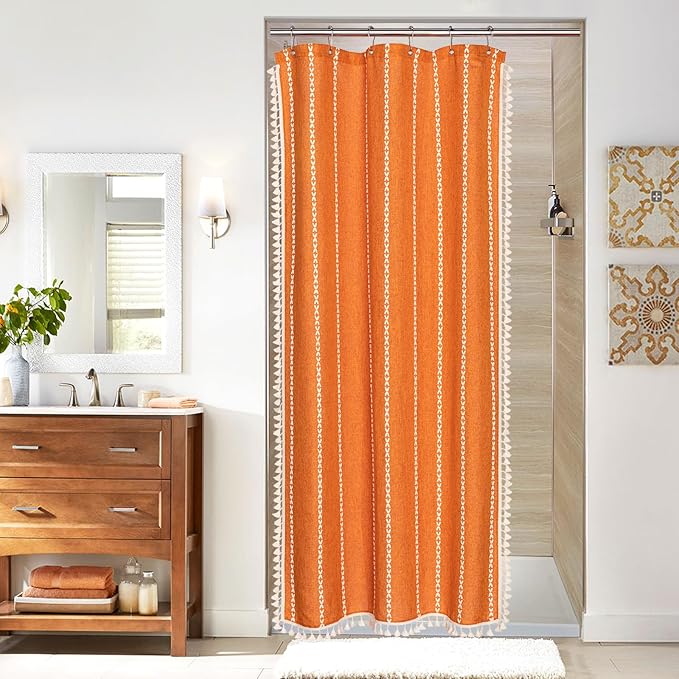 MitoVilla Orange Small Stall Shower Curtain 36 x 72, Half Size Narrow Polyester Linen Heavy Fabric Shower Curtains for Boho Farmhouse Bathroom Decor, Wrinkle Resistant Cloth Shower Curtain