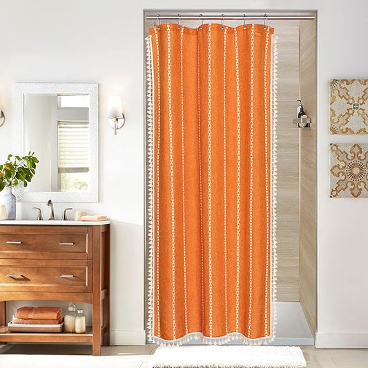 MitoVilla Orange Small Stall Shower Curtain 36 x 72, Half Size Narrow Polyester Linen Heavy Fabric Shower Curtains for Boho Farmhouse Bathroom Decor, Wrinkle Resistant Cloth Shower Curtain