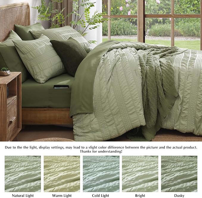 CASAAGUSTO Full Size Comforter Set, 7 Pieces Sage Green Seersucker Bed in a Bag Full Size Soft All Seasons, Bedding Sets Full with Comforter, Flat Sheet, Fitted Sheet, 2 Pillow Shams, 2 Pillowcases