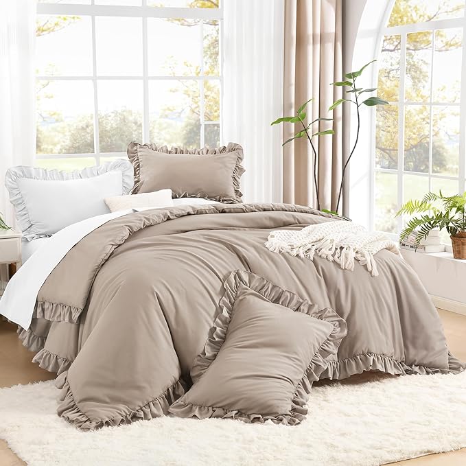 Litanika Light Coffee Full Size Comforter Sets, 3 Pieces Ruffle Farmhouse Aesthetic Bedding Comforter Sets, All Season Soft Lightweight Fluffy Microfiber Bed Set(79x90In Comforter, 2 Pillowcases)